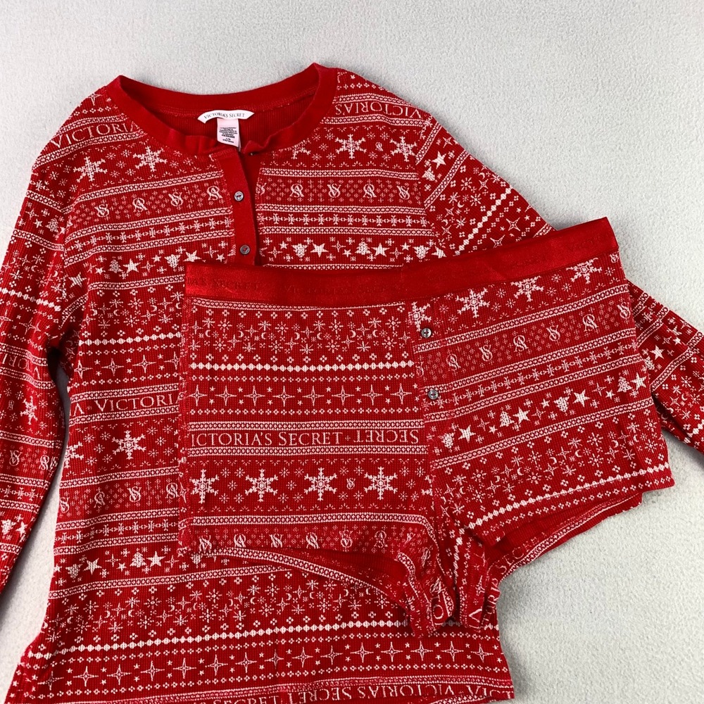Victoria Secret Matching Pajama Set Womens L Red Thermal Holiday Shorts Shirt